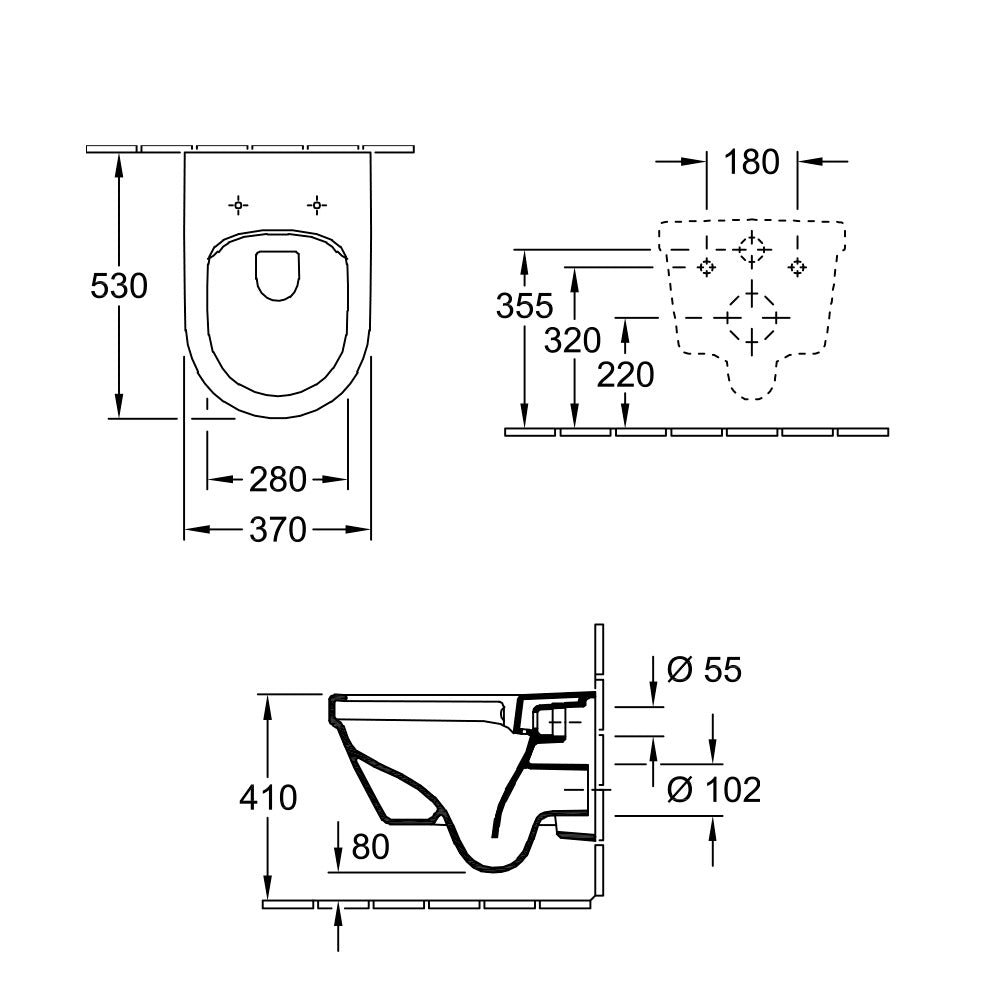 Plans techniques WC suspendu Grohe blanc avec cotes, vue de dessus et de côté.