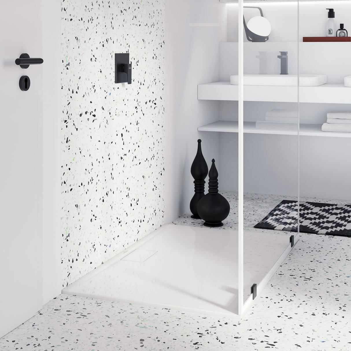 Receveur de douche Extra-plat, marque Sanycces, couleur blanc, dans une salle de bain moderne