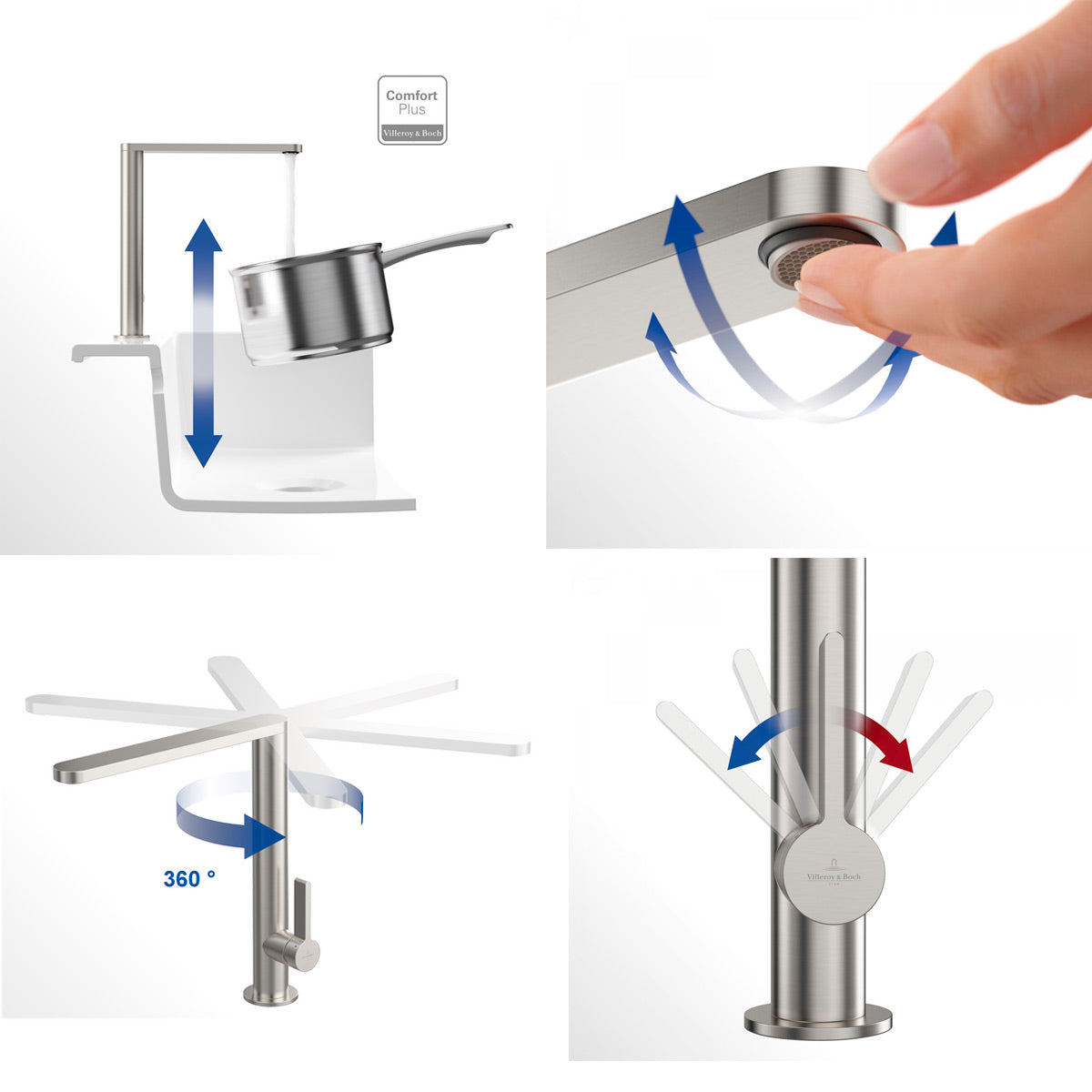 Mitigeur cuisine inox brossé Villeroy & Boch, robinet design gris avec bec orientable.