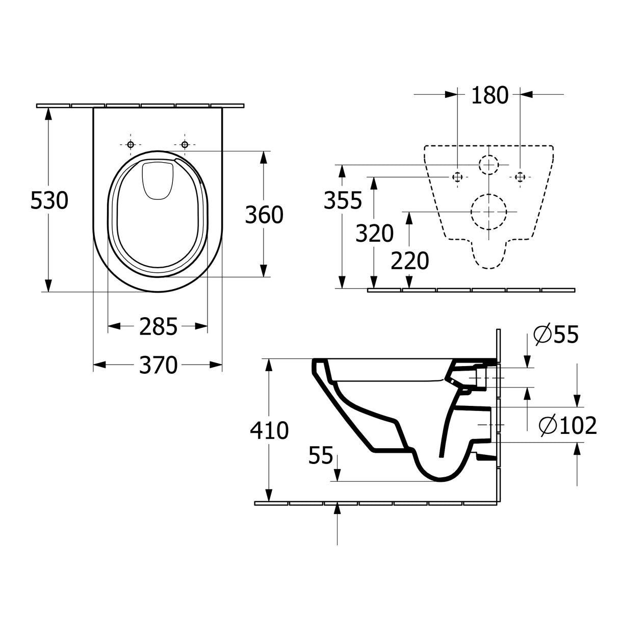 Schéma technique Grohe WC suspendu blanc avec dimensions détaillées.