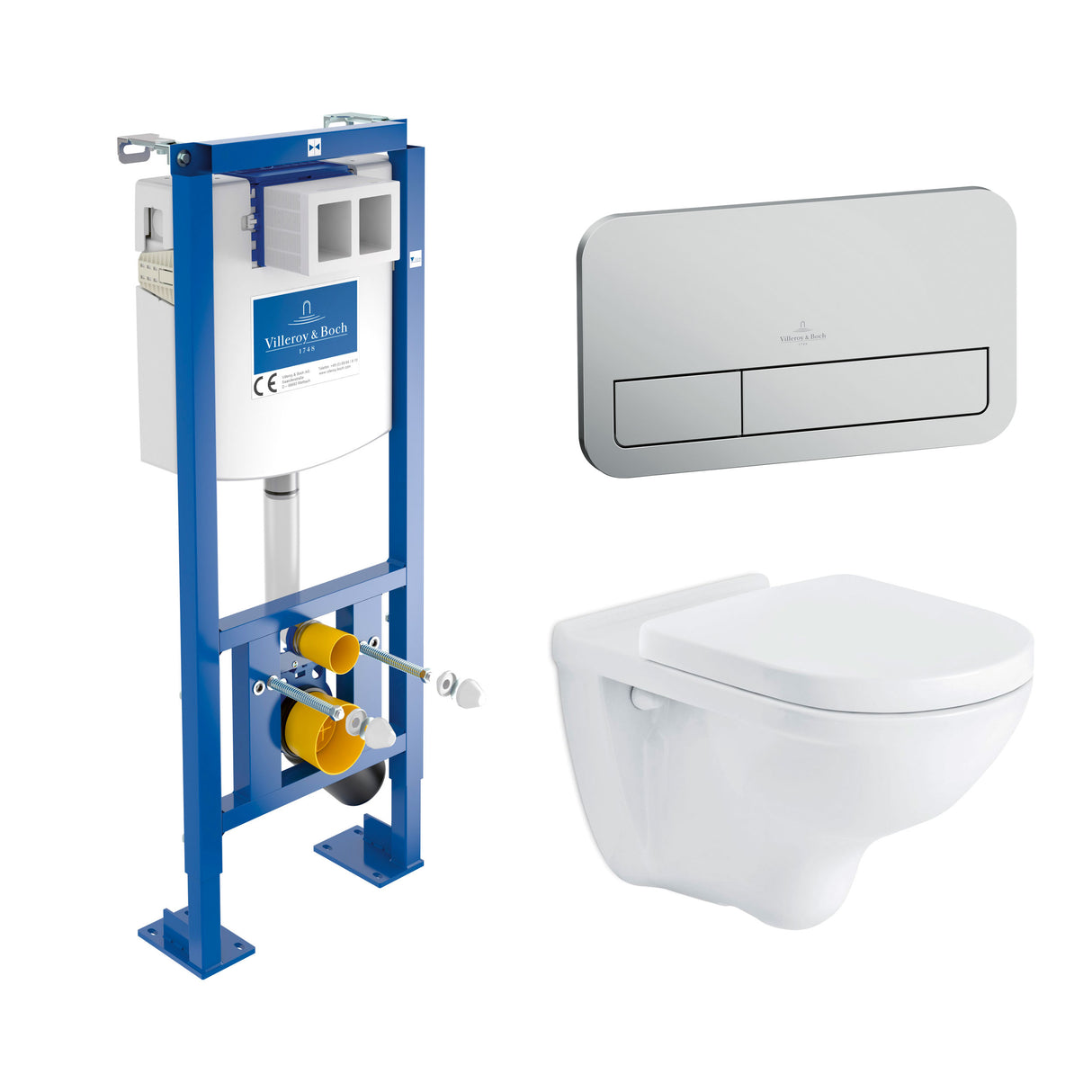 Pack WC suspendu Villeroy & Boch blanc, support mural et plaque de commande argentée.
