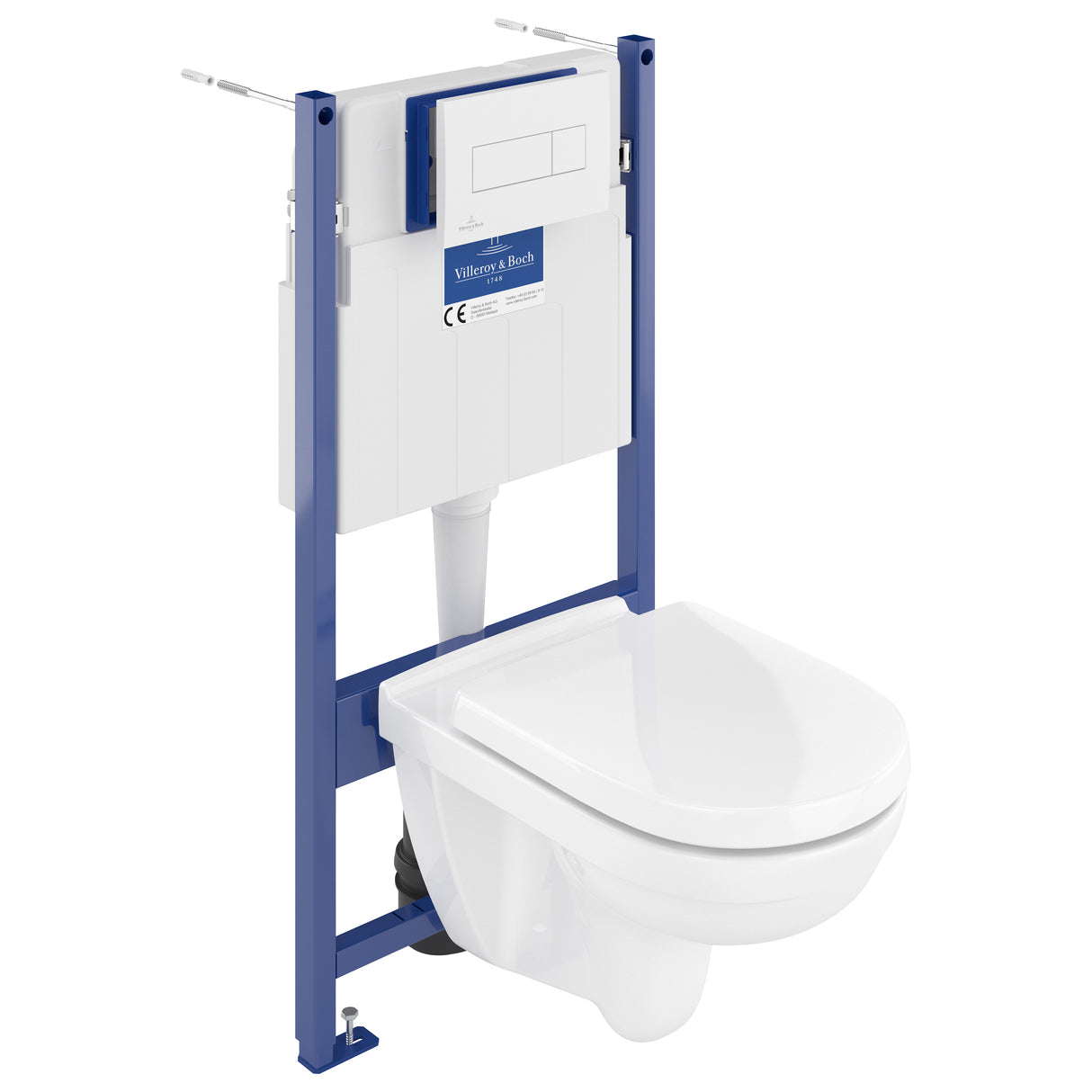 Bâti-support WC Villeroy & Boch blanc et bleu, châssis métal pour toilette suspendue.