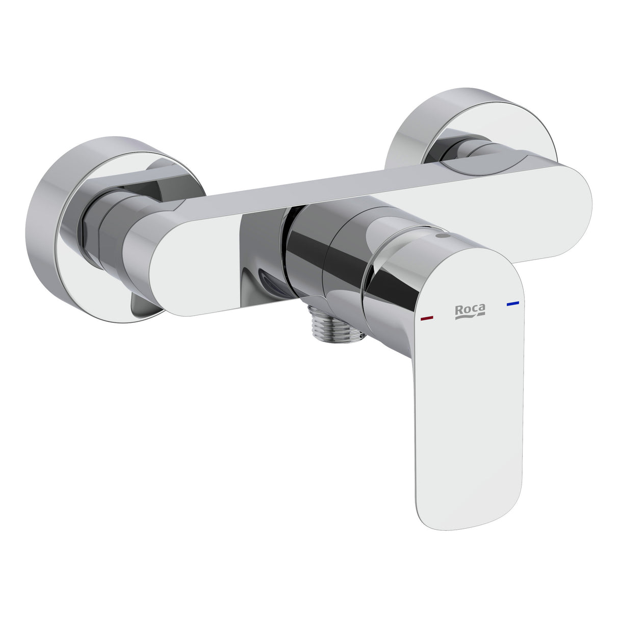 Mitigeur de douche Roca chromé, robinetterie sanitaire couleur argent.