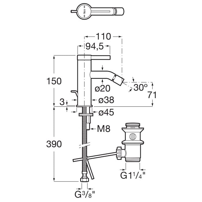 Mitigeur lavabo chromé Grohe, schéma technique, plomberie sanitaire argenté
