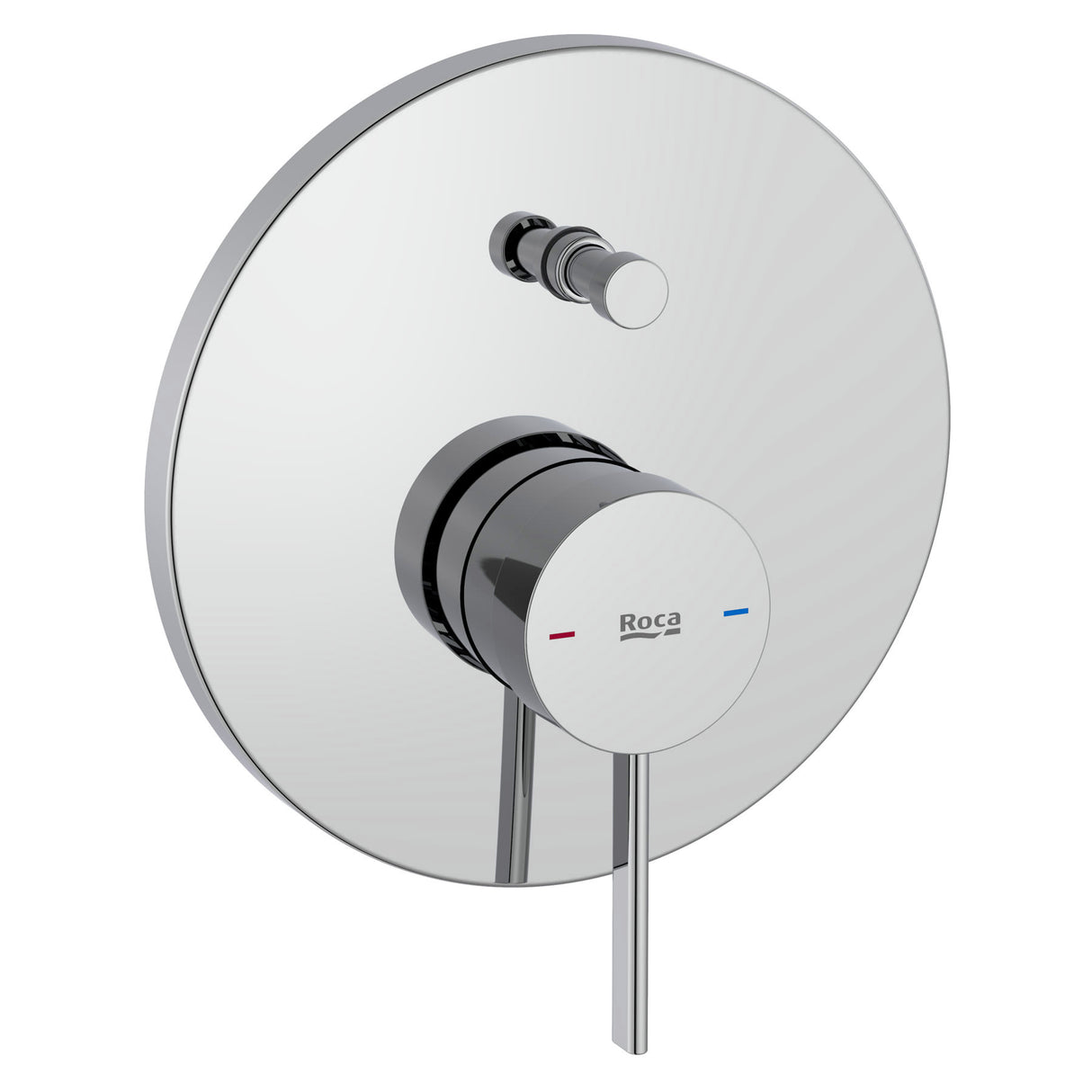 Mitigeur de douche Roca chromé, design rond, couleur argentée.