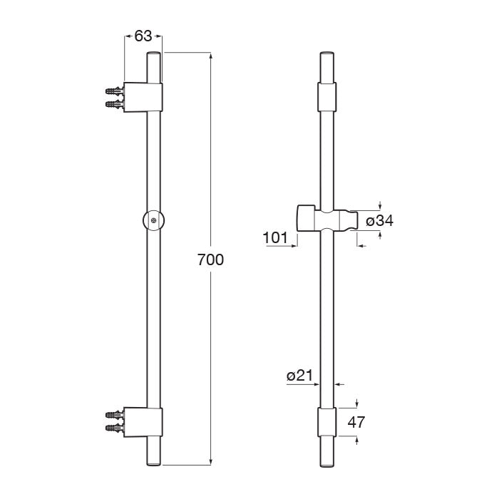 Barre de douche Grohe, type colonne, couleur chromée, avec schéma de dimensions détaillées