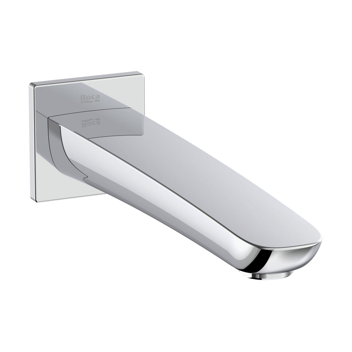 Bec de robinet mural marque Roca, chrome, design moderne et rectangulaire.