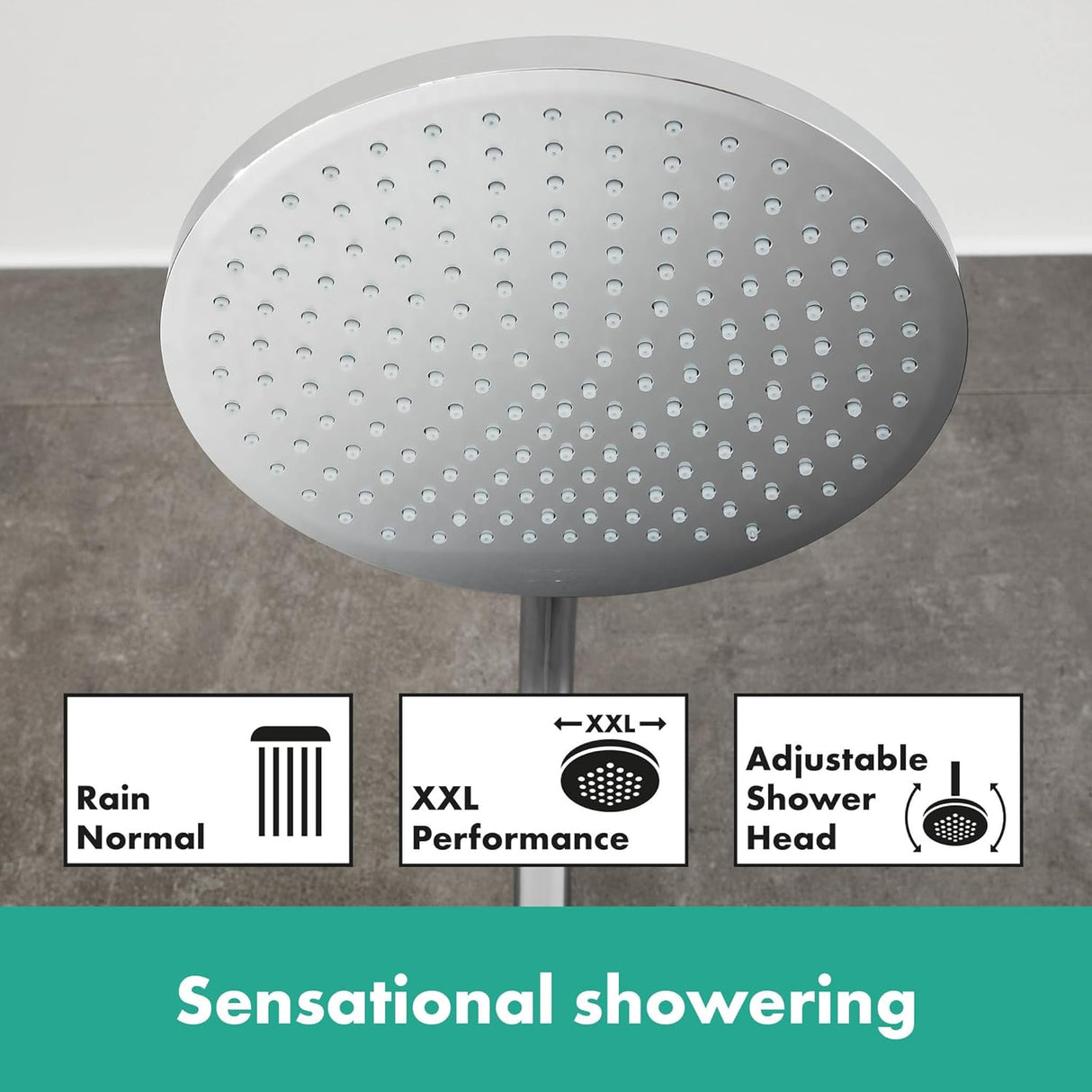 Pommeau de douche Grohe, couleur argent, tête ronde XXL, performance réglable.