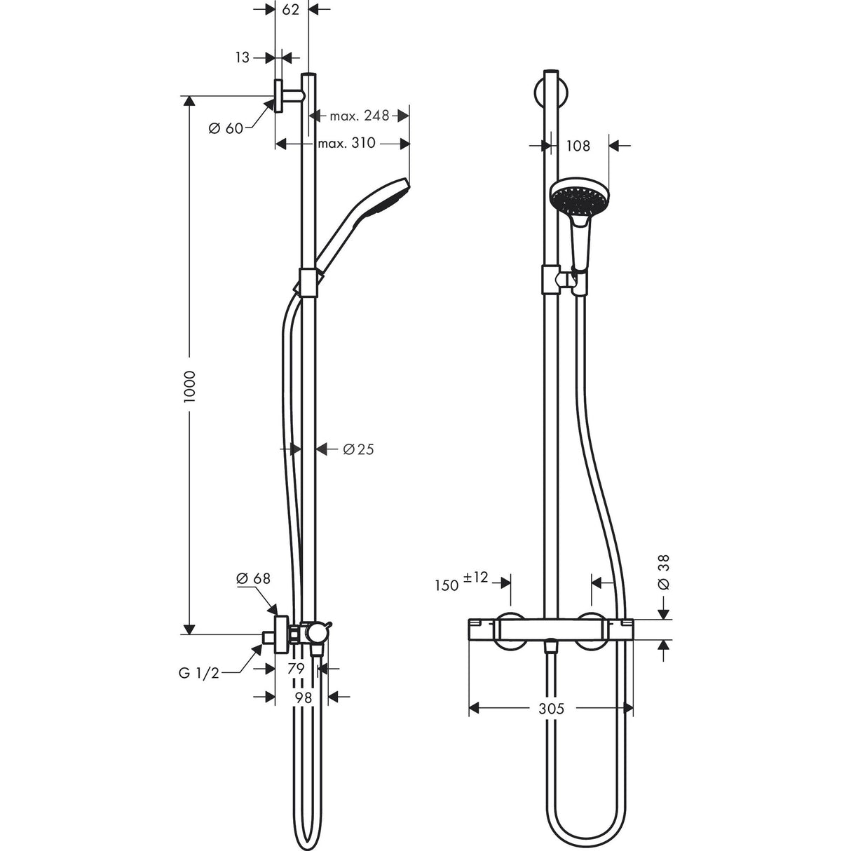 Schéma technique de la colonne de douche Grohe, mitigeur chromé, avec douchette ronde.