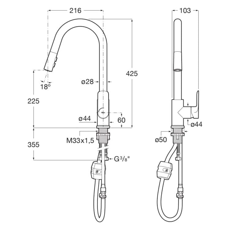 Mitigeur Grohe, robinet de cuisine chromé, schéma technique avec dimensions.