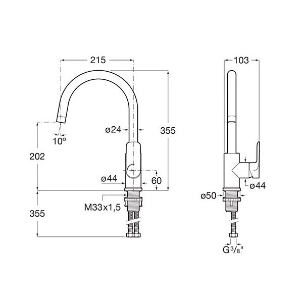 Mitigeur chromé Grohe, robinet de cuisine avec bec haut courbé, schéma technique détaillé