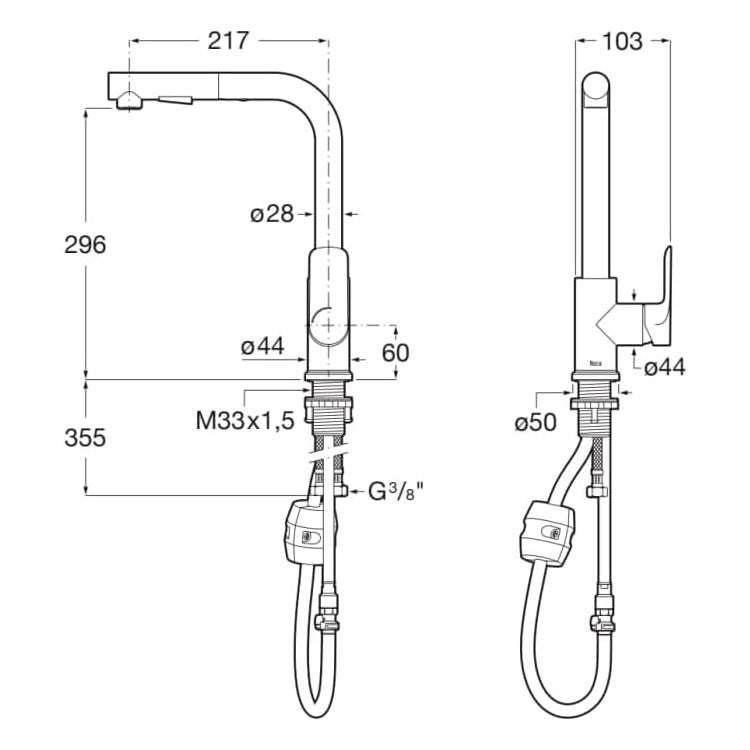 Mitigeur Grohe, robinet de cuisine chromé, schéma technique avec dimensions détaillées.