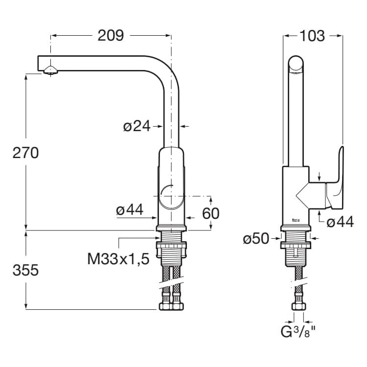 Mitigeur Grohe, robinet de cuisine chromé, dessin technique avec cotes détaillées
