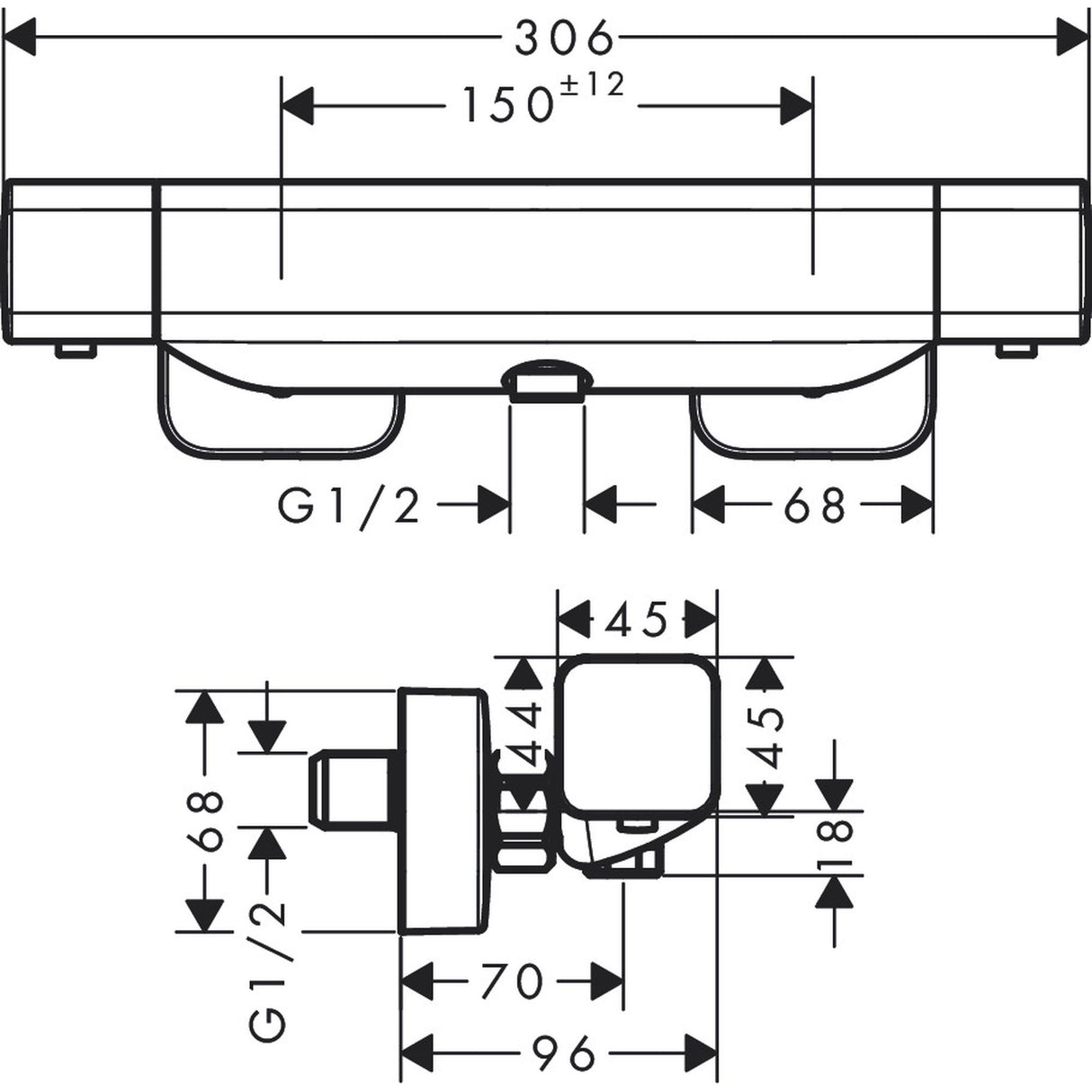 Mitigeur thermostatique Grohe, schéma technique, couleur chrome.