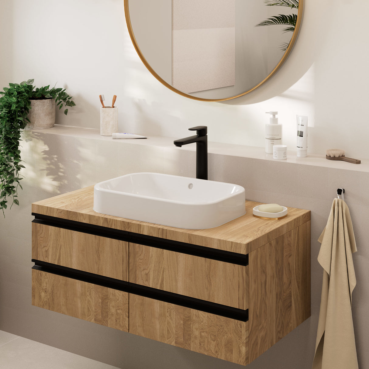 Meuble vasque en bois naturel avec robinet noir, marque inconnue, pour salle de bain moderne.