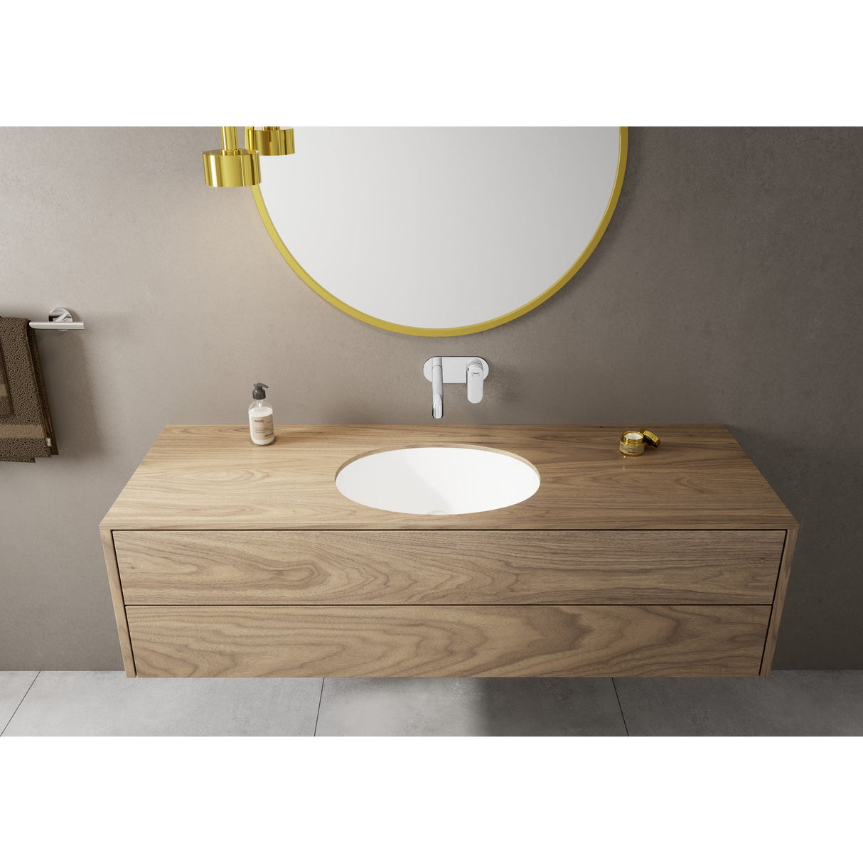 Meuble vasque bois clair, type suspendu, couleur bois naturel, marque non visible