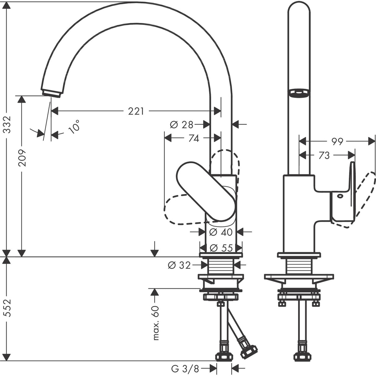 Robinet mitigeur Grohe, plan technique, couleur chromée, dimensions détaillées.