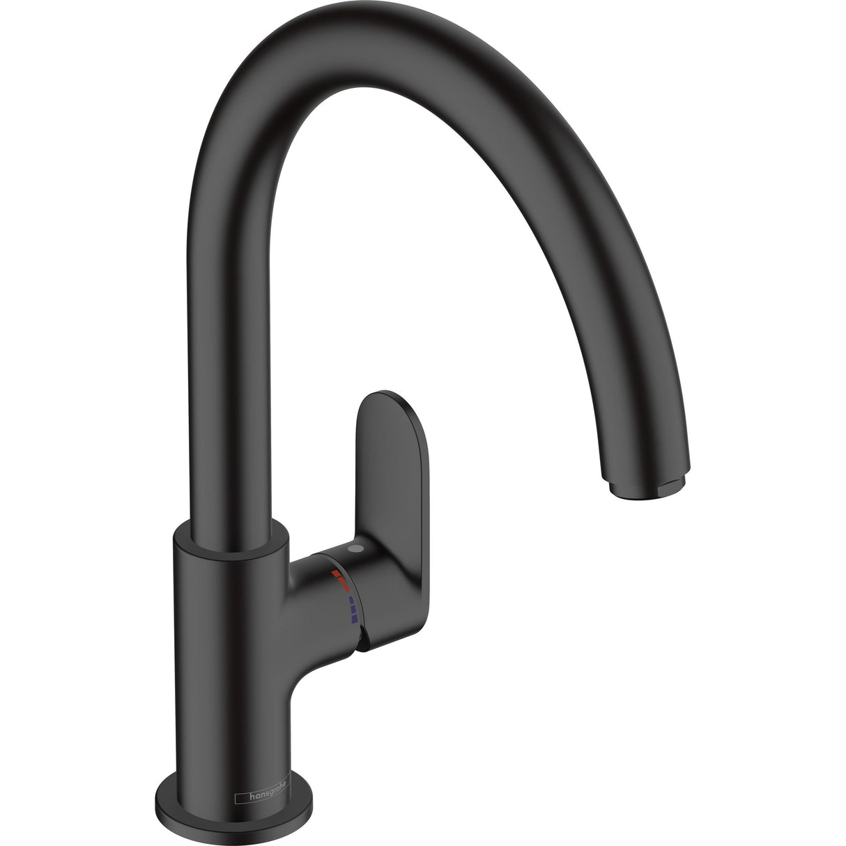 Mitigeur de cuisine noir Hansgrohe, robinet moderne à bec haut, finition mate.