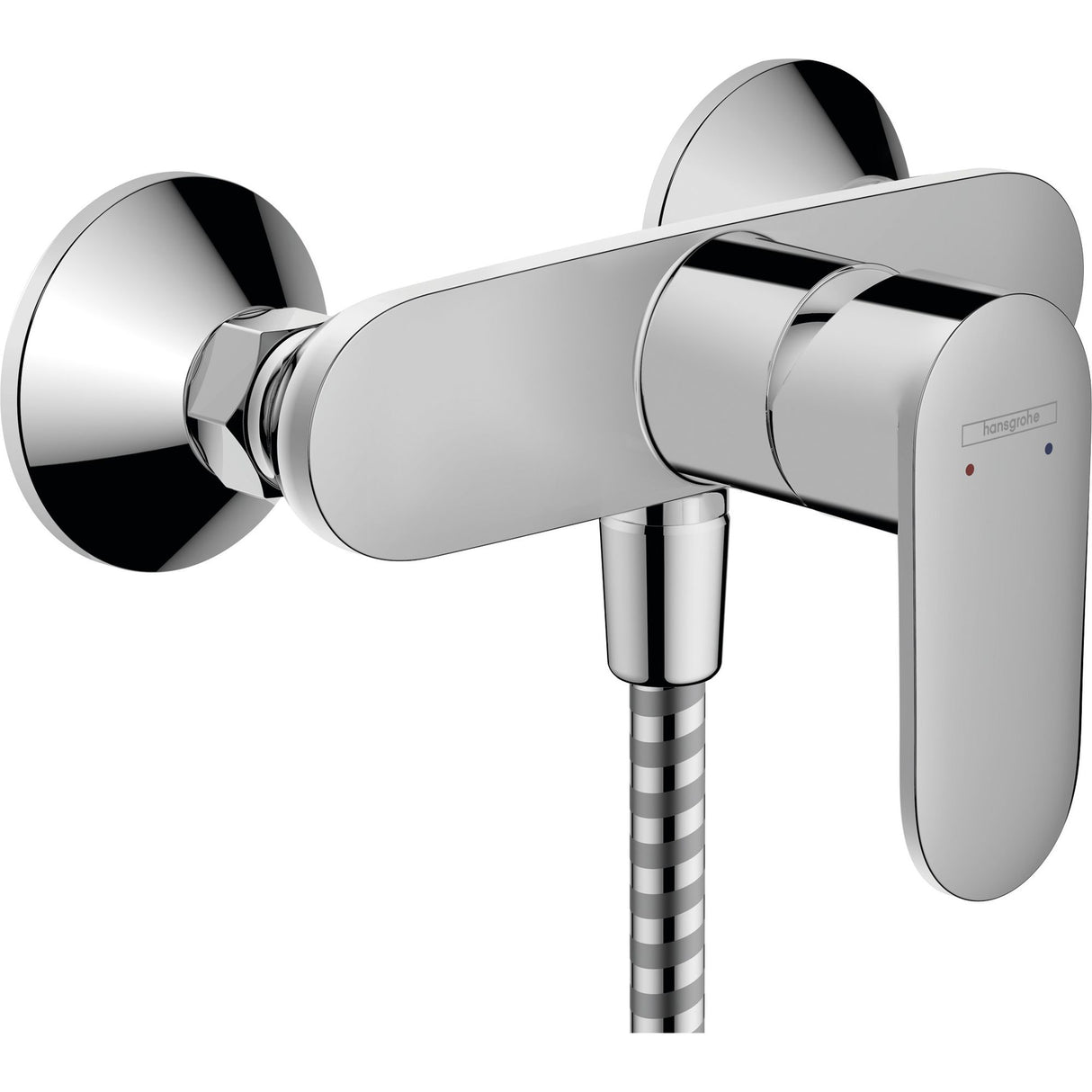 Mitigeur de douche chromé Hansgrohe, robinetterie salle de bain couleur argent.