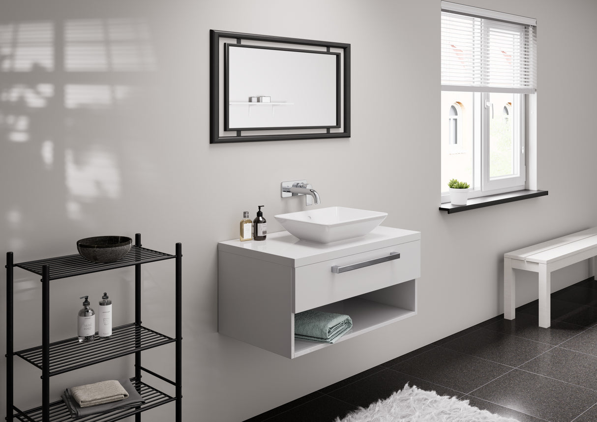 Meuble lavabo Grohe blanc, salle de bain moderne, vasque carrée, robinet mural chromé