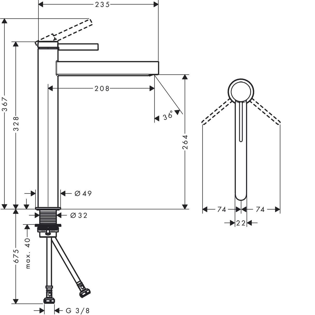 Mitigeur lavabo Grohe, robinet noir, schéma technique avec dimensions détaillées