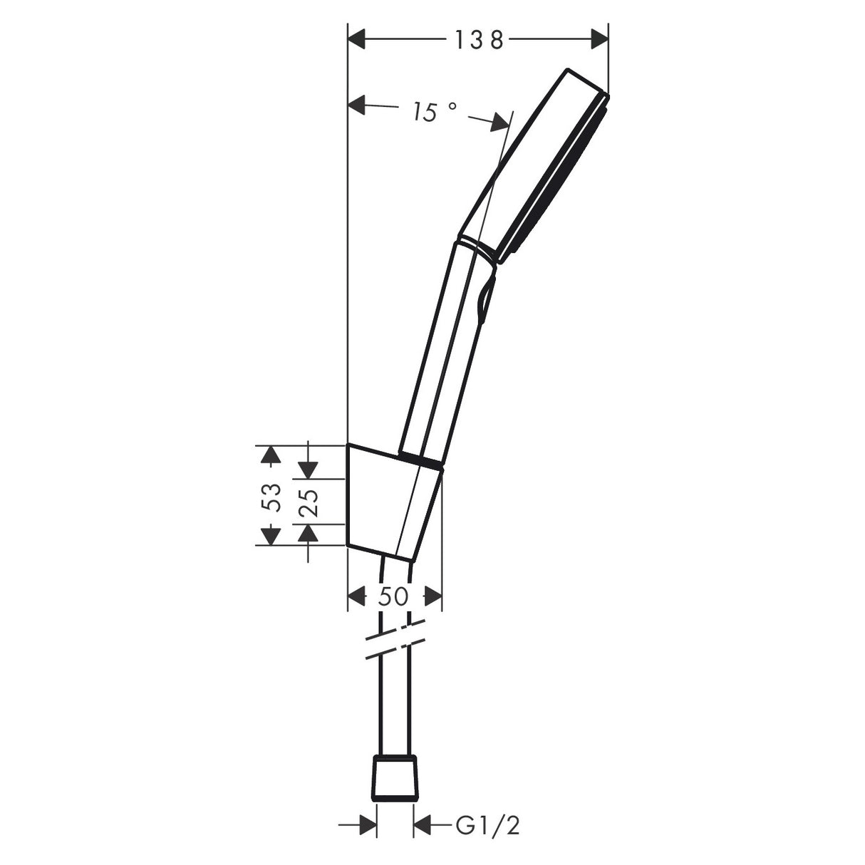 Douchette Grohe, pommeau de douche chromé, schéma technique avec dimensions.