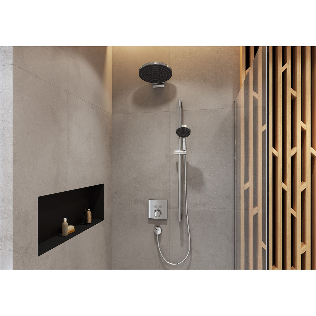 Douche Grohe, colonne de douche noire, mitigeur thermostatique, salle de bains moderne.
