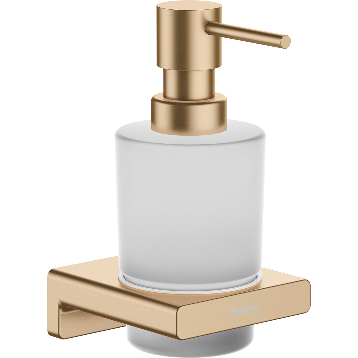 Distributeur de savon Hansgrohe, type mural, couleur dorée et verre dépoli.