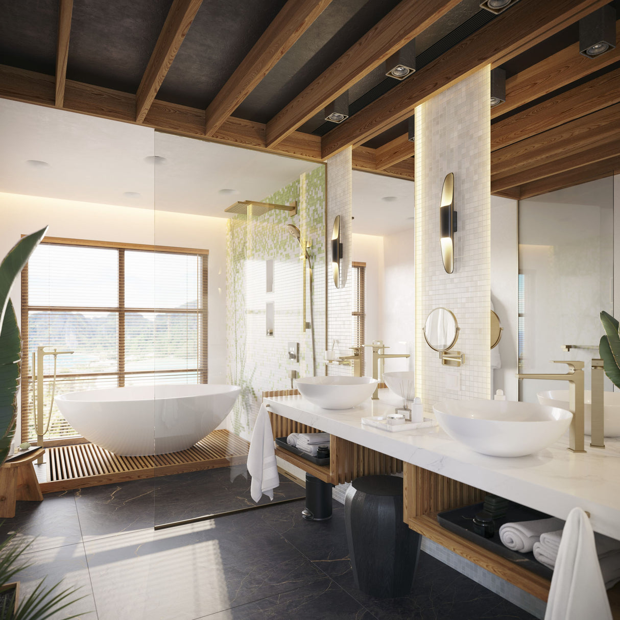 Salle de bain moderne avec baignoire blanche Grohe, robinetterie dorée, meuble en bois.