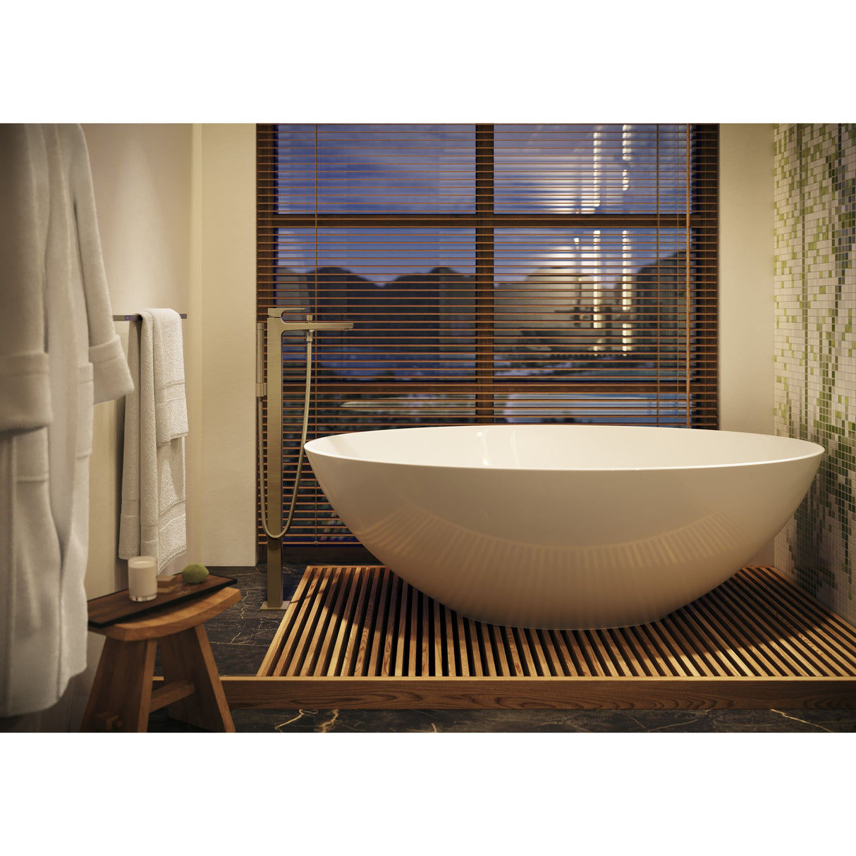 Baignoire blanche Grohe, îlot, élégante dans salle de bain moderne avec décor bois.