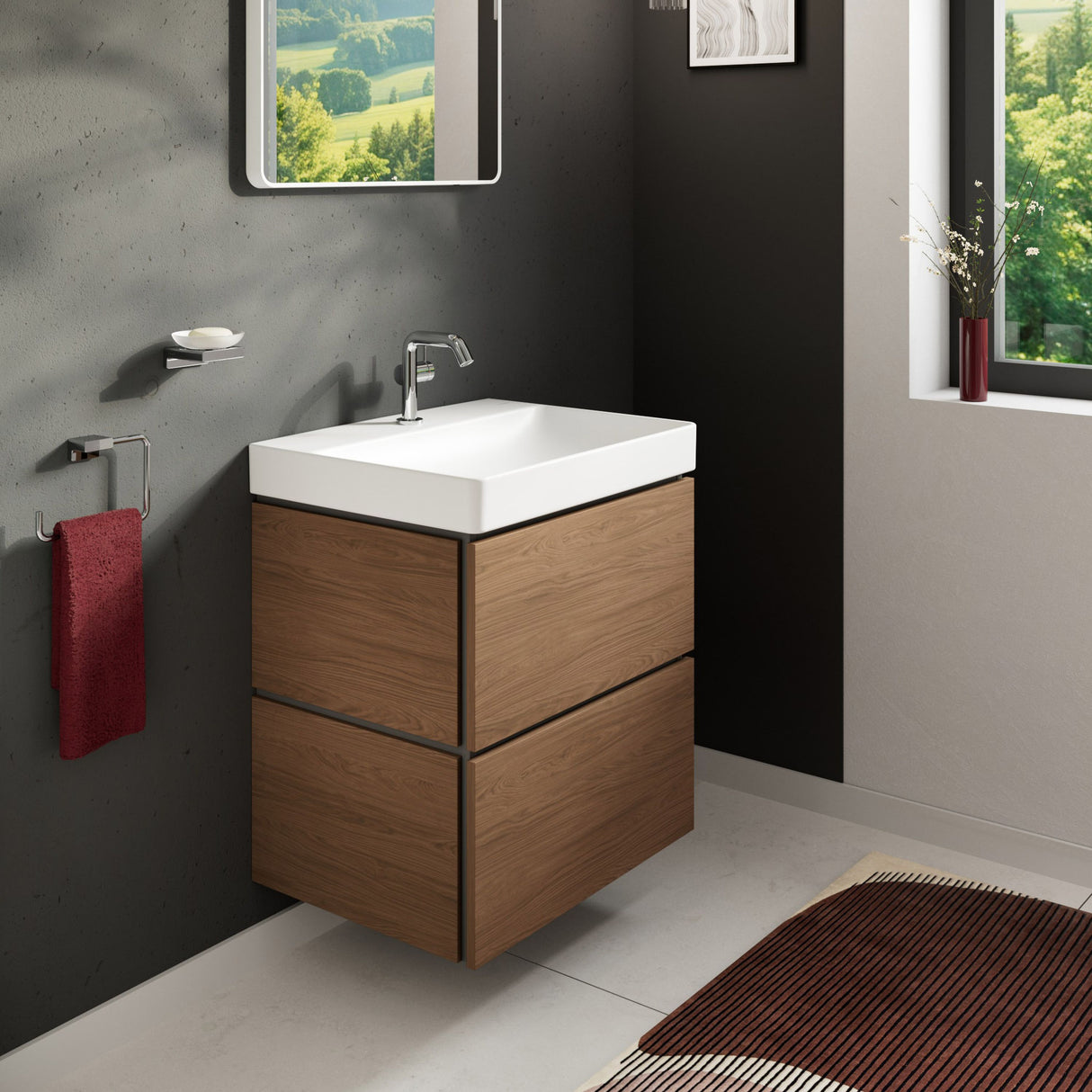 Meuble sous-vasque Grohe, type meuble de salle de bain, couleur bois naturel.