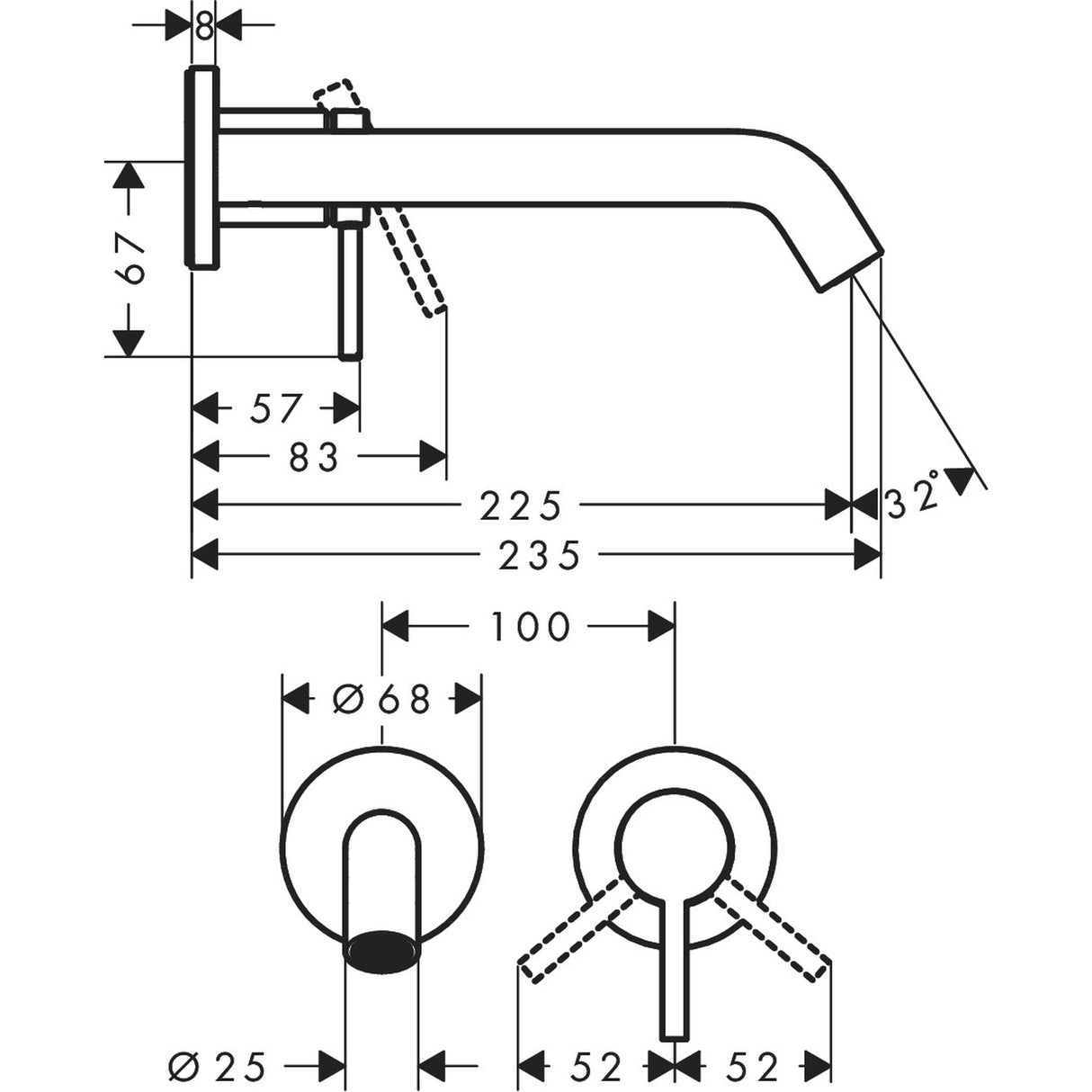Mitigeur mural Grohe, robinet de lavabo chromé, schéma technique avec dimensions.