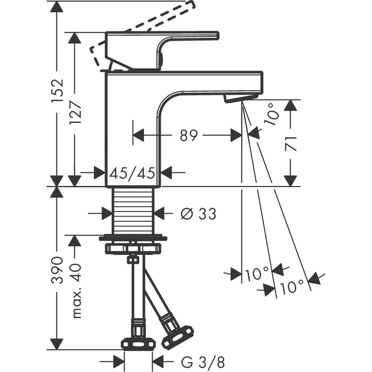 Mitigeur Grohe, robinet salle de bain chromé, schéma technique avec dimensions.
