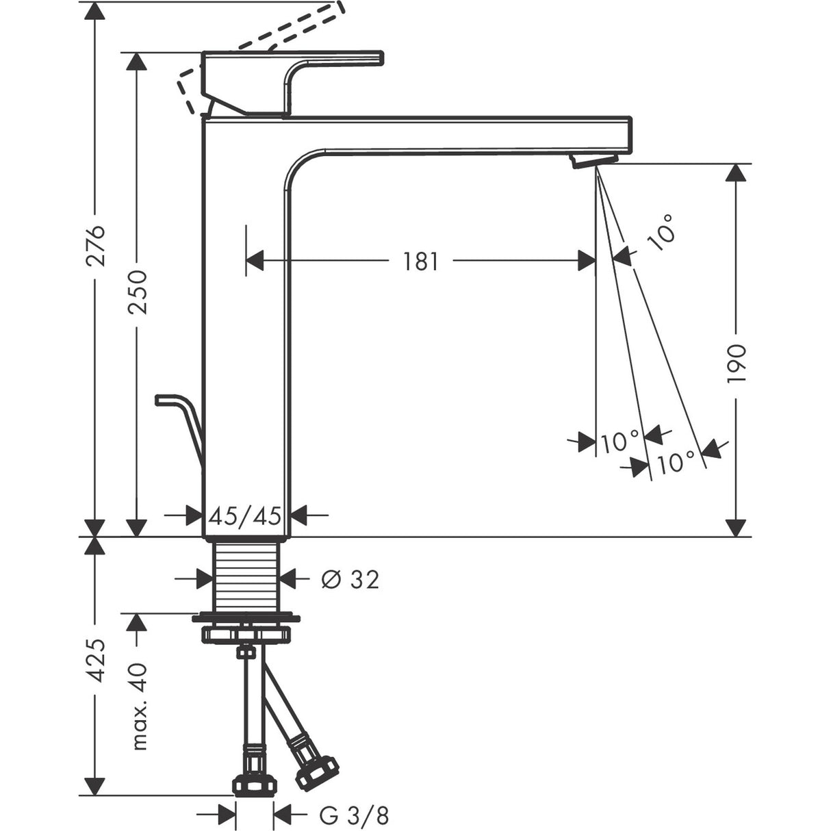 Schéma technique mitigeur lavabo Grohe, robinet chromé, dimensions détaillées