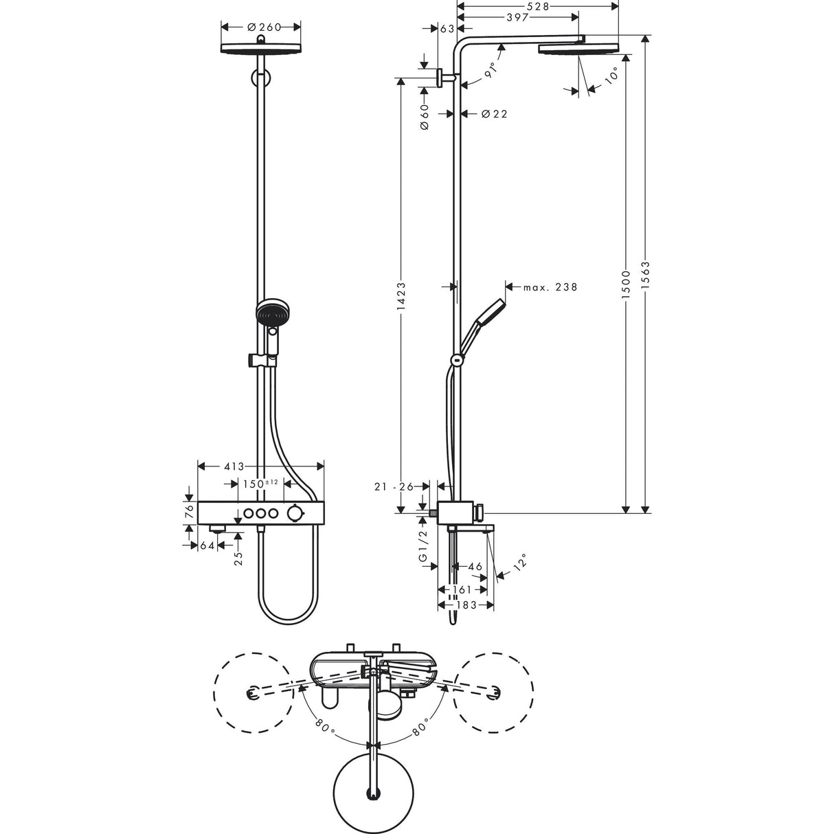Colonne de douche Grohe, dessin technique, couleur chromée.