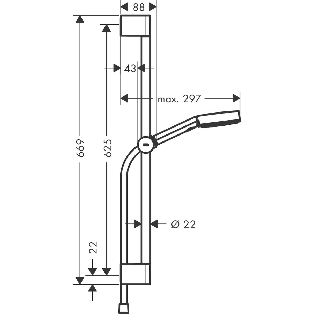 Barre de douche Grohe chromée avec douchette, schéma technique et dimensions visibles