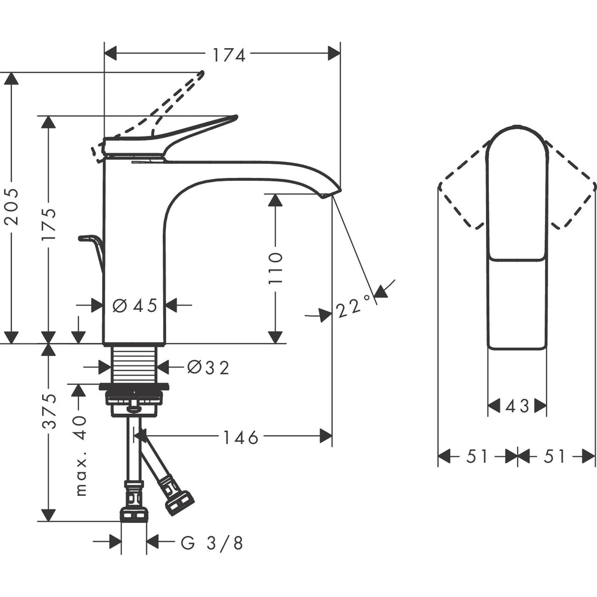 Mitigeur lavabo Grohe chromé avec schéma de dimensions techniques, robinet salle de bain.