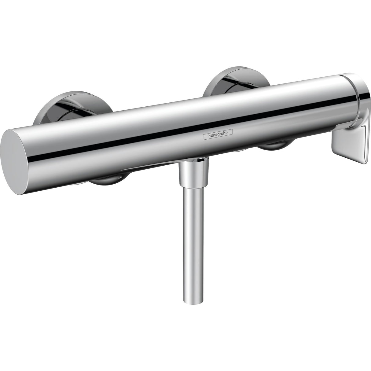 Mitigeur de douche chromé Hansgrohe, robinet mural moderne couleur argent.