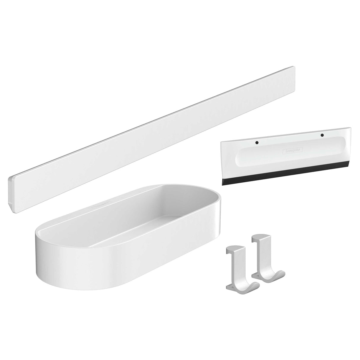 Set accessoires salle de bain Hansgrohe, blanc, comprenant étagère, raclette, crochets et bac.