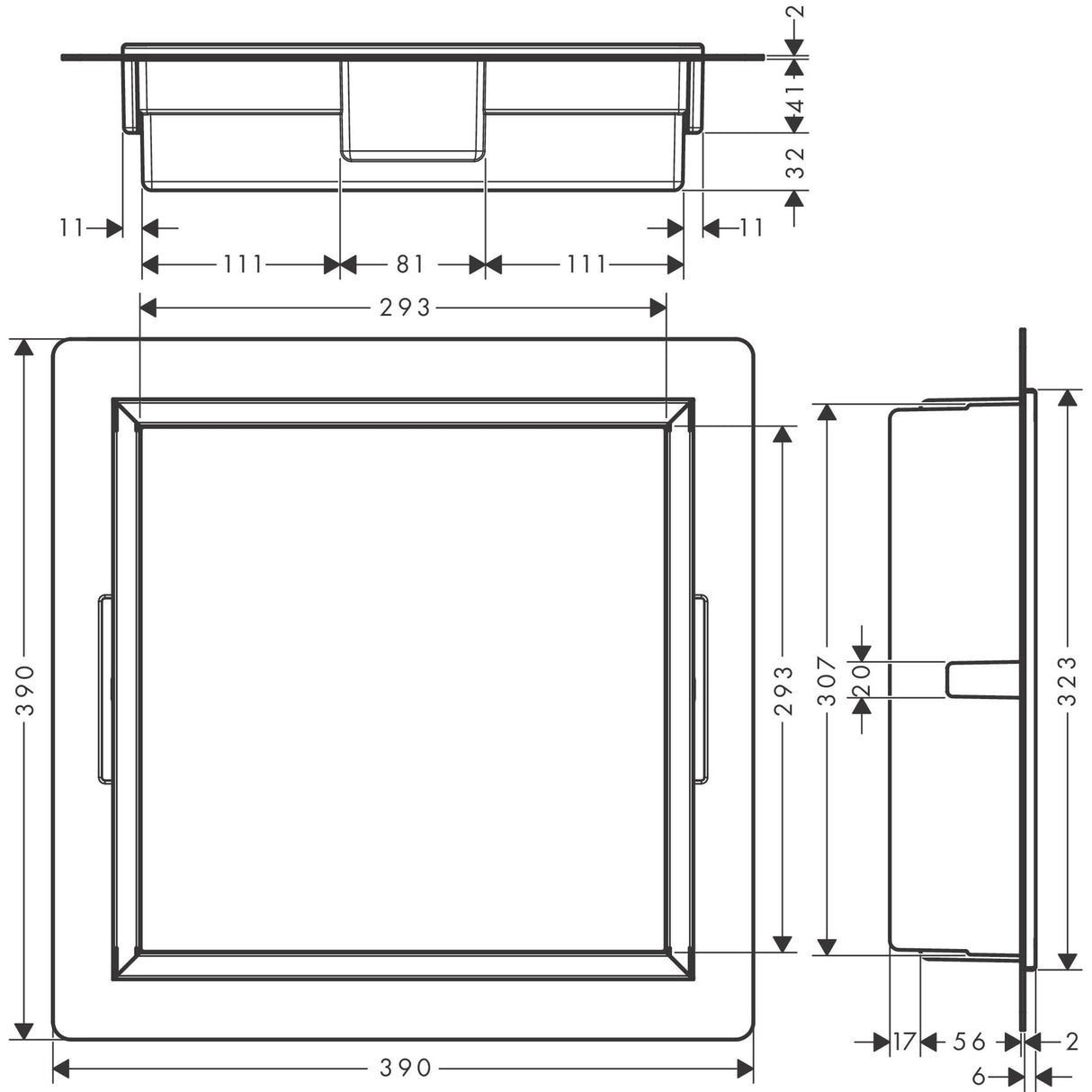 Plan technique GROHE, regard de visite carré, acier inoxydable, dimensions détaillées.