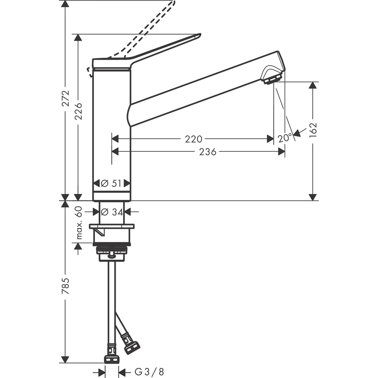 Mitigeur de cuisine Grohe, robinet chromé, schéma technique avec dimensions détaillées