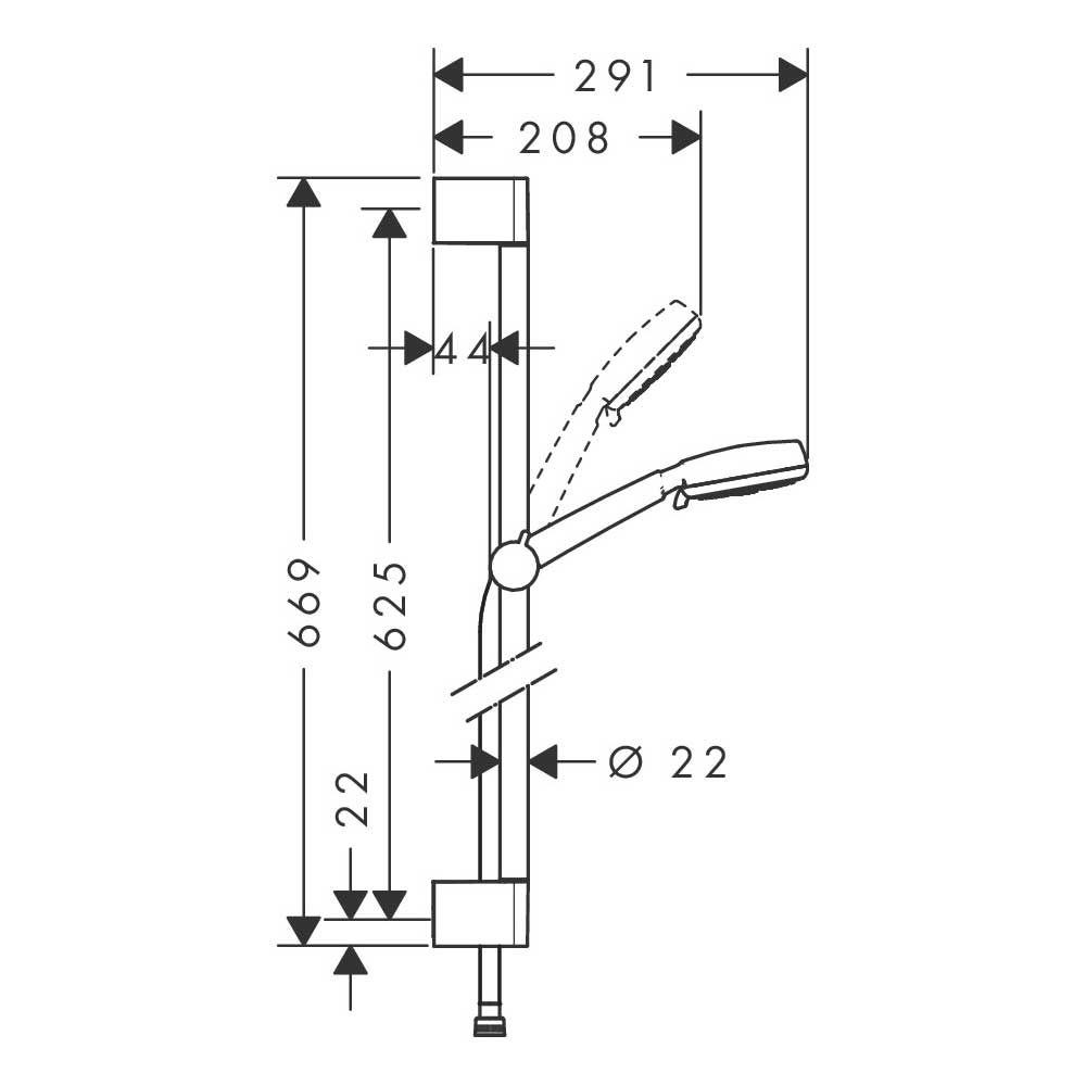 Barre de douche Grohe, accessoire chromé, schéma technique avec dimensions précises.