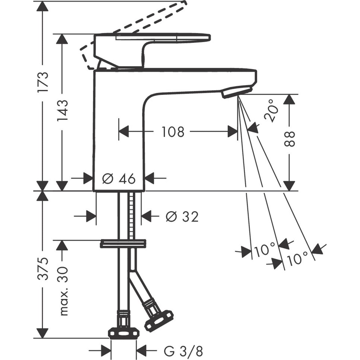 Mitigeur Grohe, robinetterie lavabo chromée, schéma technique avec dimensions détaillées