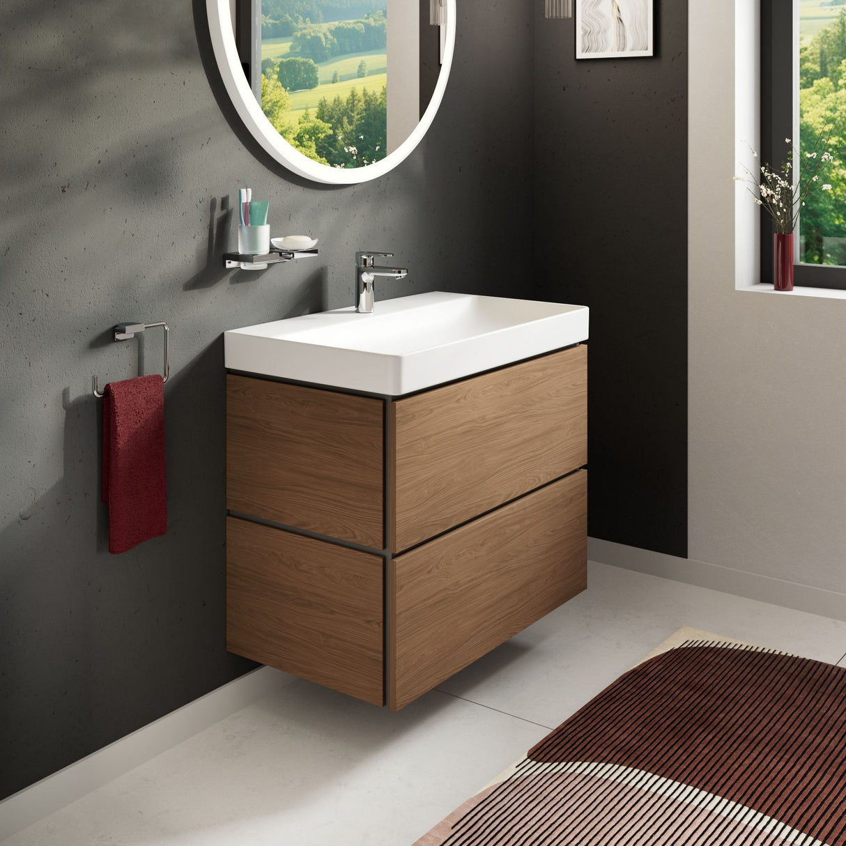 Meuble de salle de bain en bois clair, vasque blanche, couleur bois, marque Grohe.