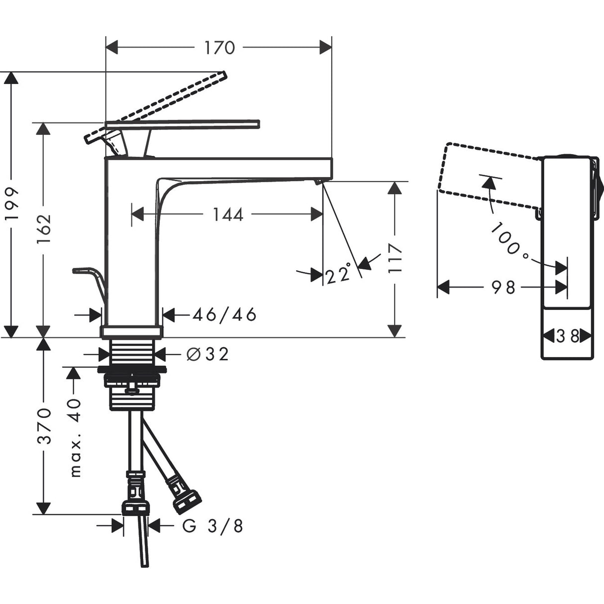 Mitigeur Grohe, robinet lavabo chromé, schéma technique avec mesures détaillées