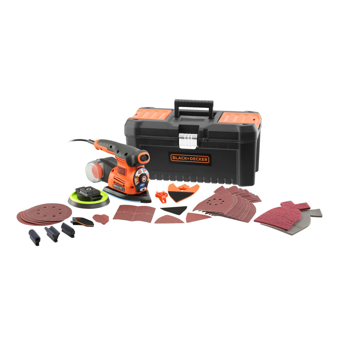 Ponceuse électrique orange Black+Decker avec accessoires et mallette noire