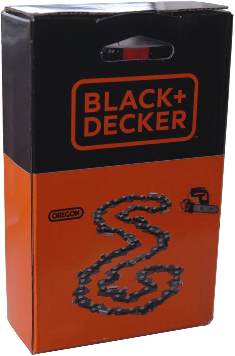 Chaîne de tronçonneuse Black+Decker Oregon noire pour scie, emballage orange et noir