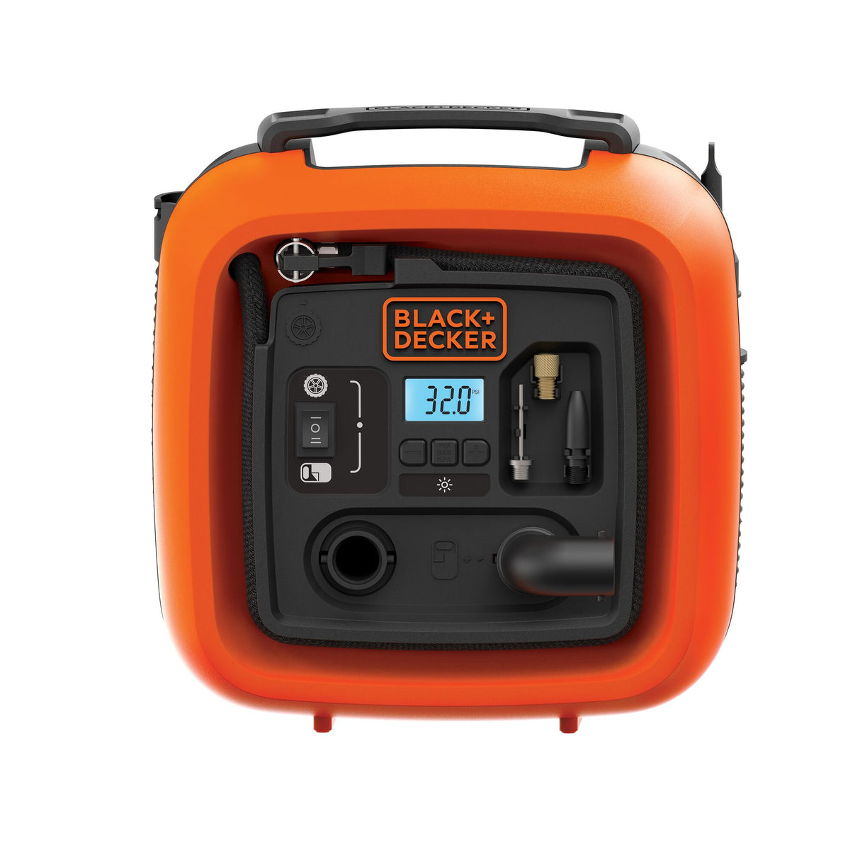 Gonfleur électrique BLACK+DECKER ASI400-XJ avec compresseur filaire, manomètre et poignées pour pneus et sports.