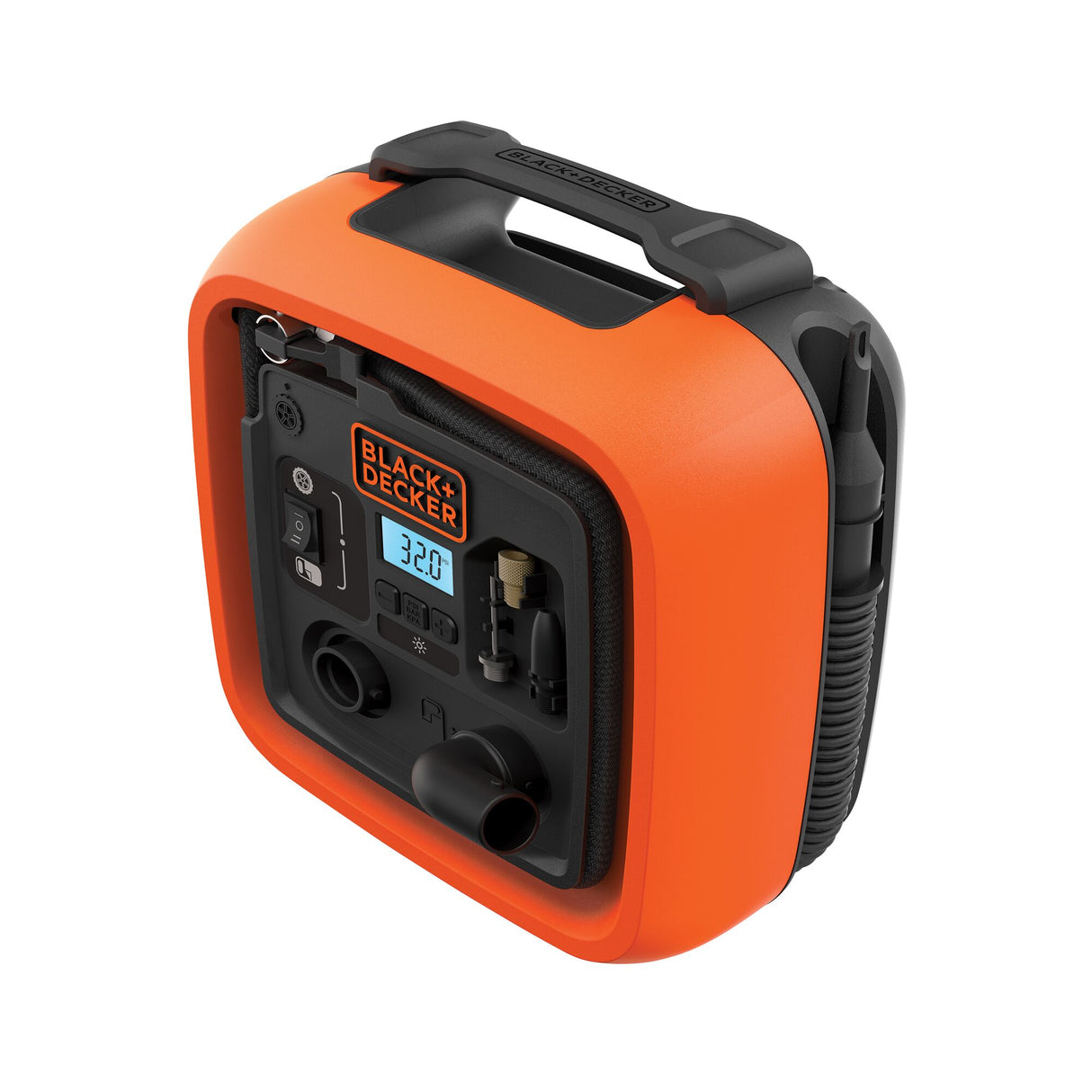 Gonfleur électrique BLACK+DECKER ASI400-XJ avec manomètre et câble, capacité jusqu'à 11 bars et 160 PSI pour pneus et équipements.