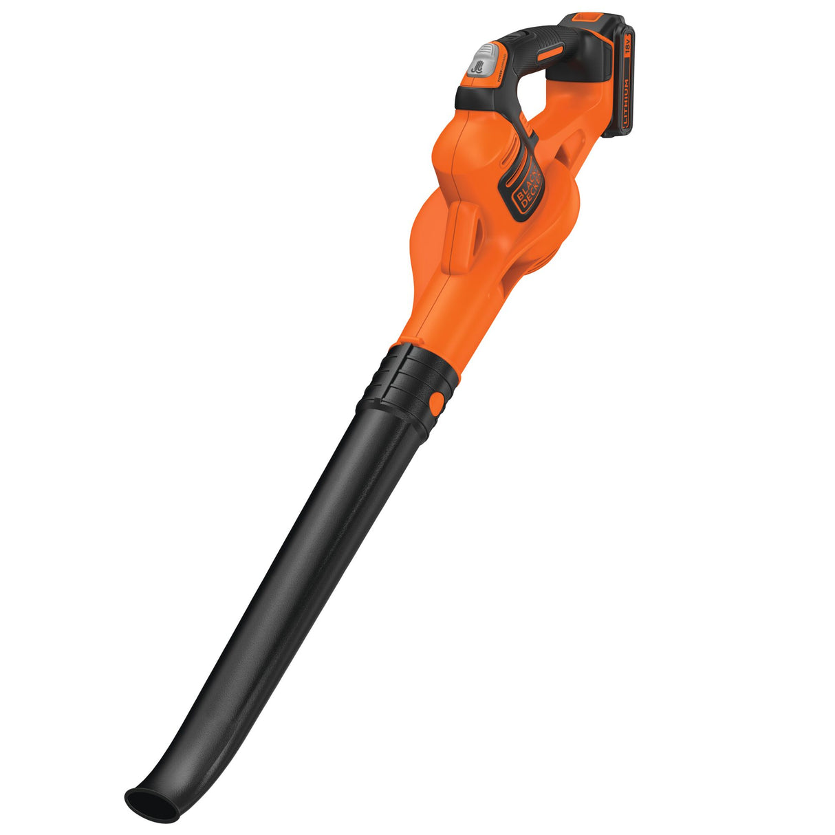 Souffleur de feuilles Black+Decker orange et noir, outil de jardinage électrique.